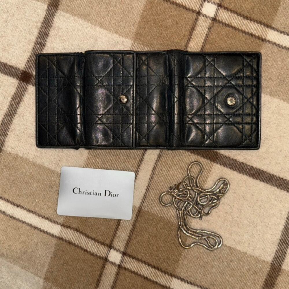 CHRISTIAN DIOR Cannage Wallet & silver Logo Charm Black Leather FREE CHAIN - Picture 12 of 15